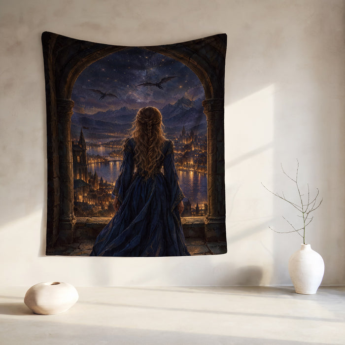 Feyre over Velaris Velveteen Plush Blanket hanging on a wall