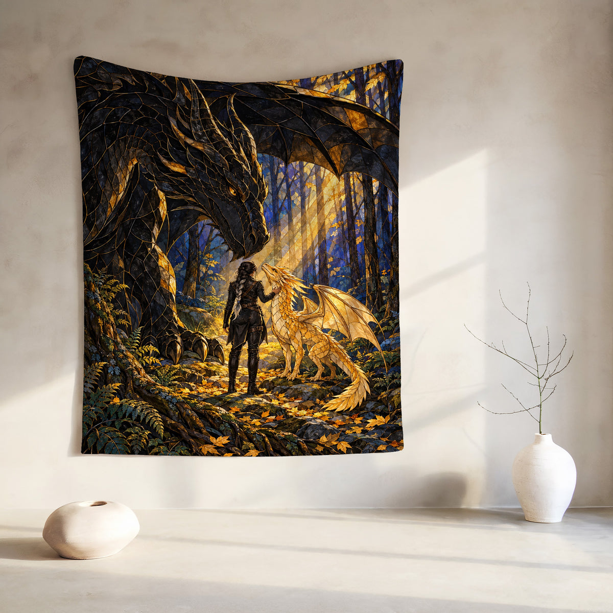 Three Bonds Velveteen Plush Blanket hanging on a wall