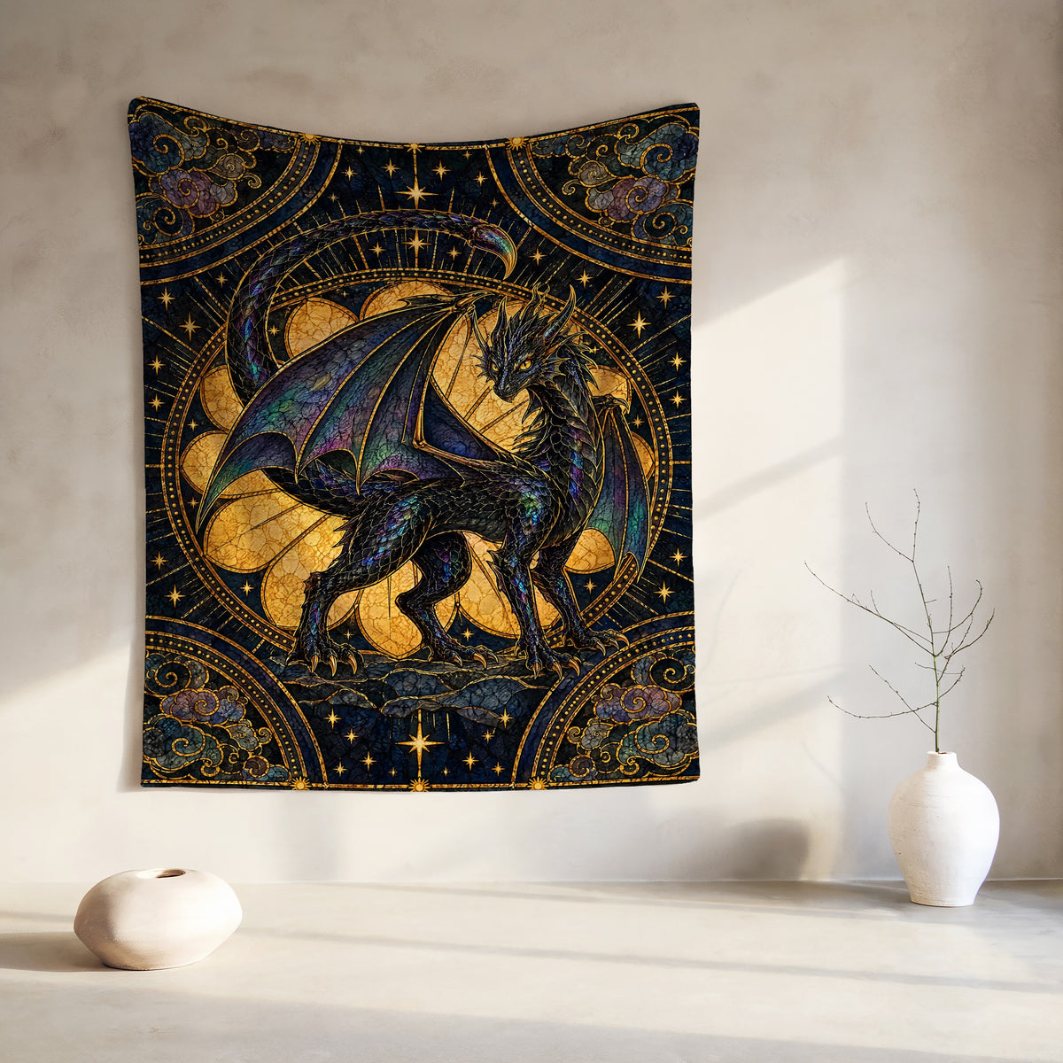Andarna's Colors Stained Glass Velveteen Plush Blanket hanging on a wall
