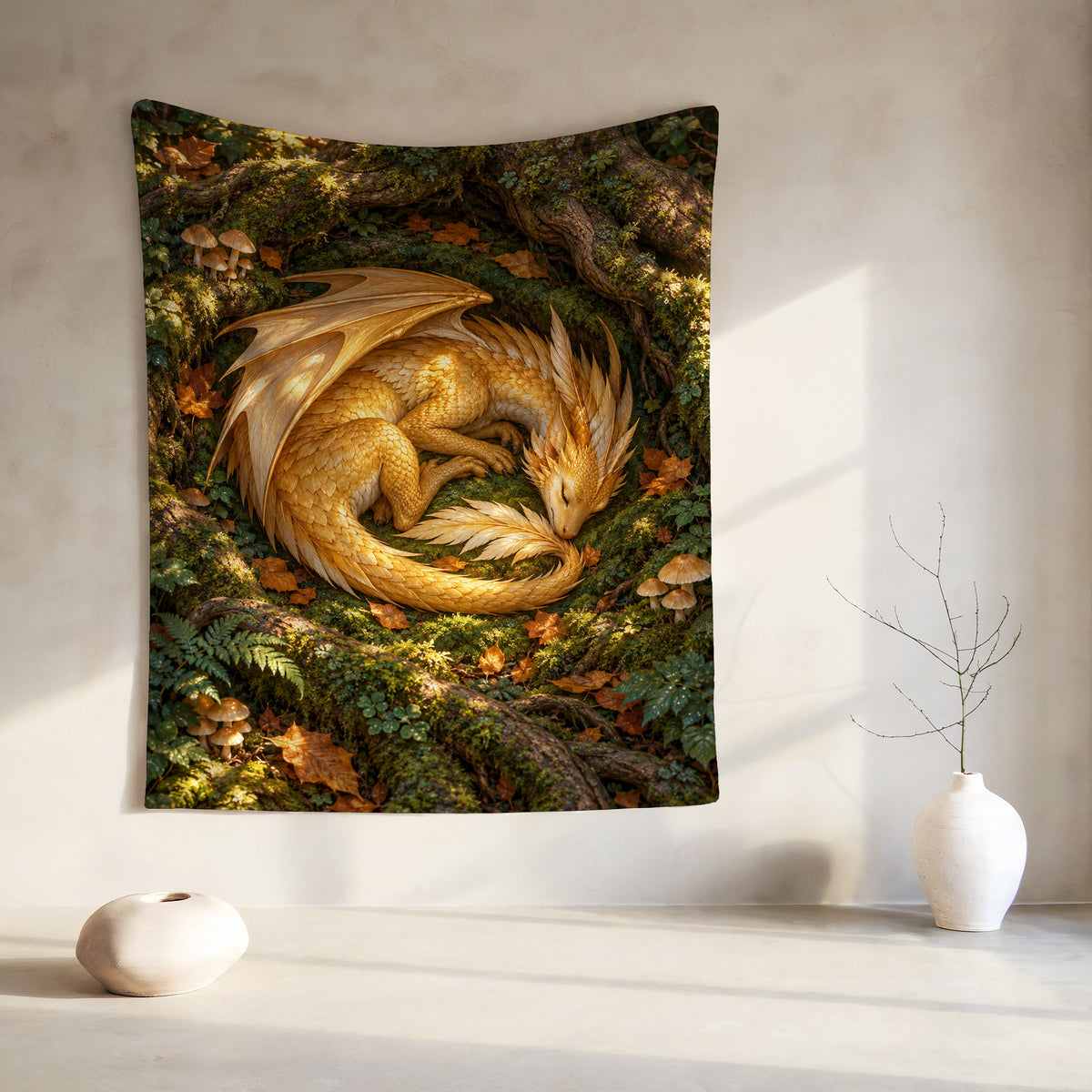 Golden Dragon Velveteen Plush Blanket hanging on a wall