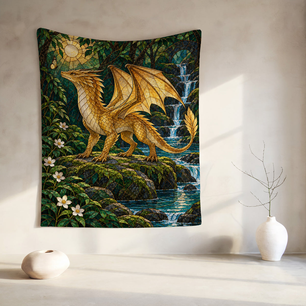 Gold Andarna Velveteen Plush Blanket hanging on a wall