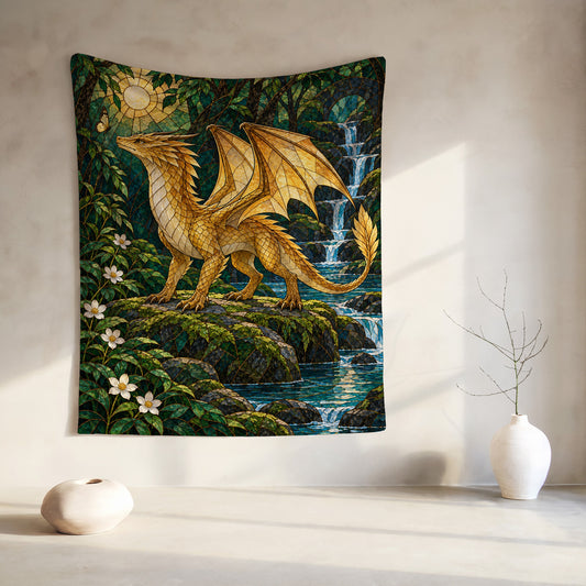 Gold Andarna Velveteen Plush Blanket hanging on a wall
