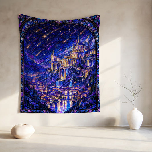 Starfall over Velaris Stained Glass Velveteen Plush Blanket hanging on a wall