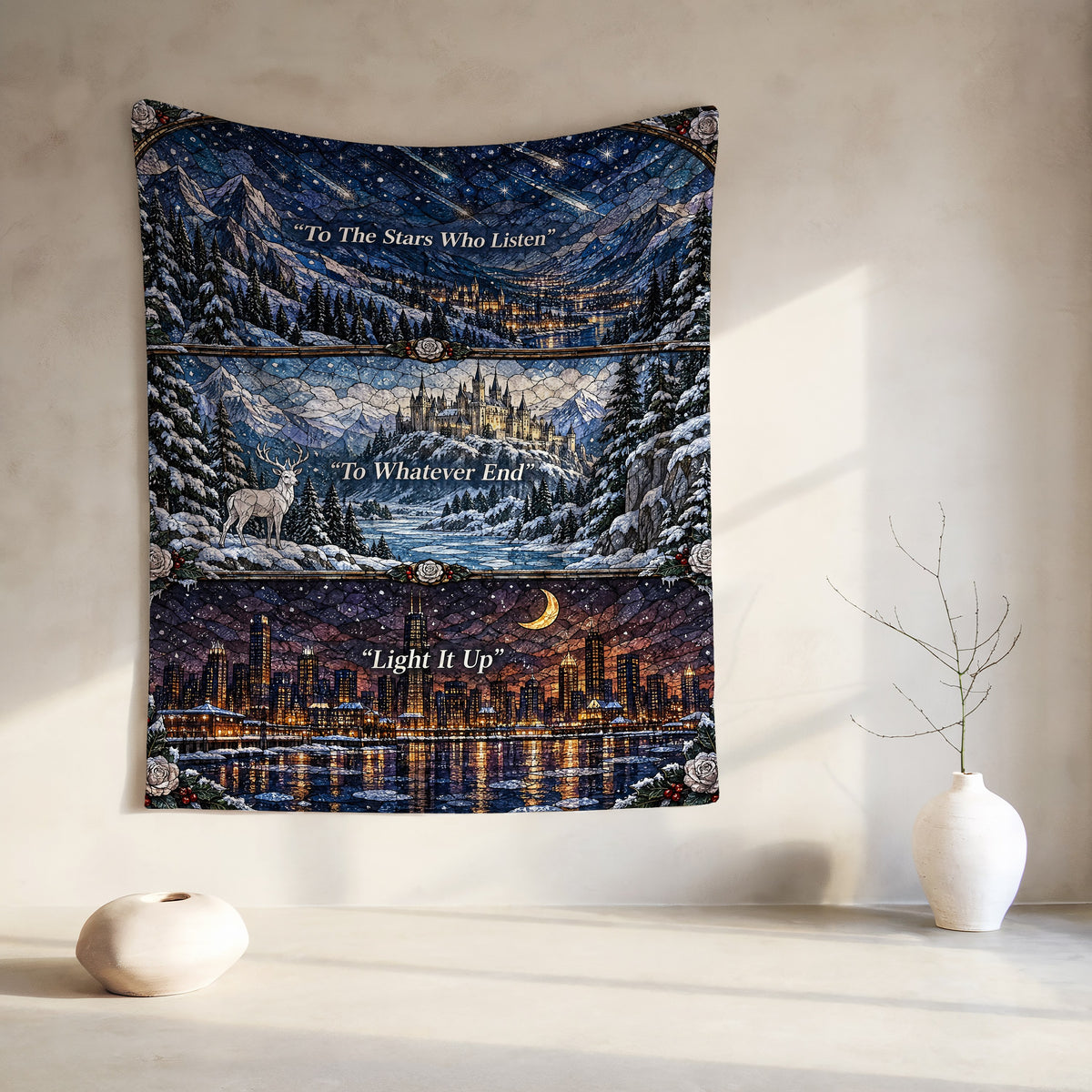 Winter Maasverse Stained Glass Velveteen Plush Blanket hanging on a wall