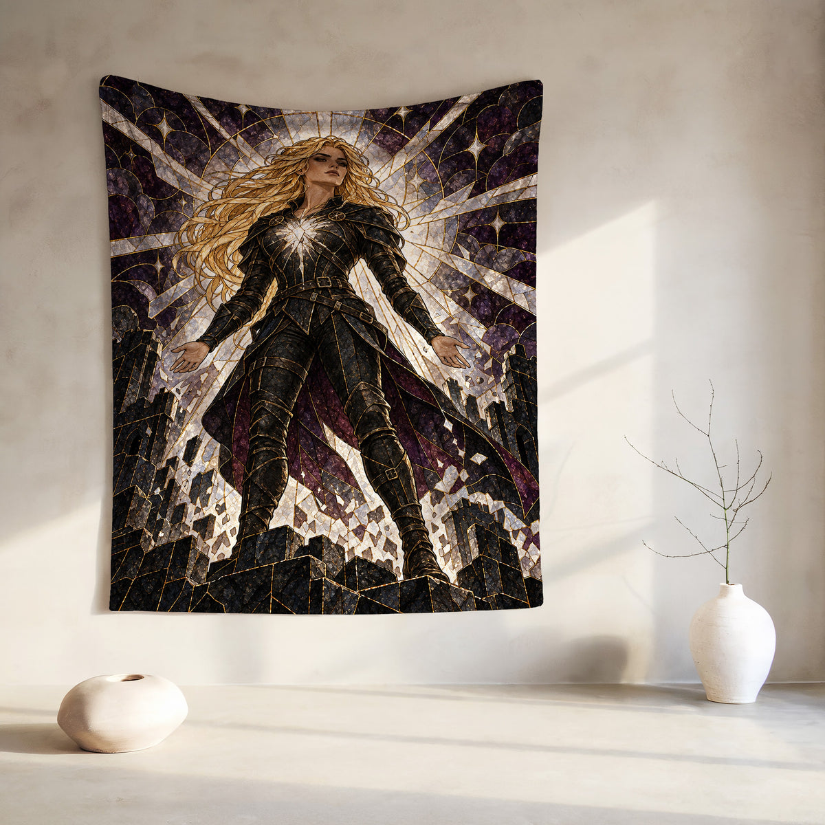 Asterin's Yielding Velveteen Plush Blanket hanging on a wall