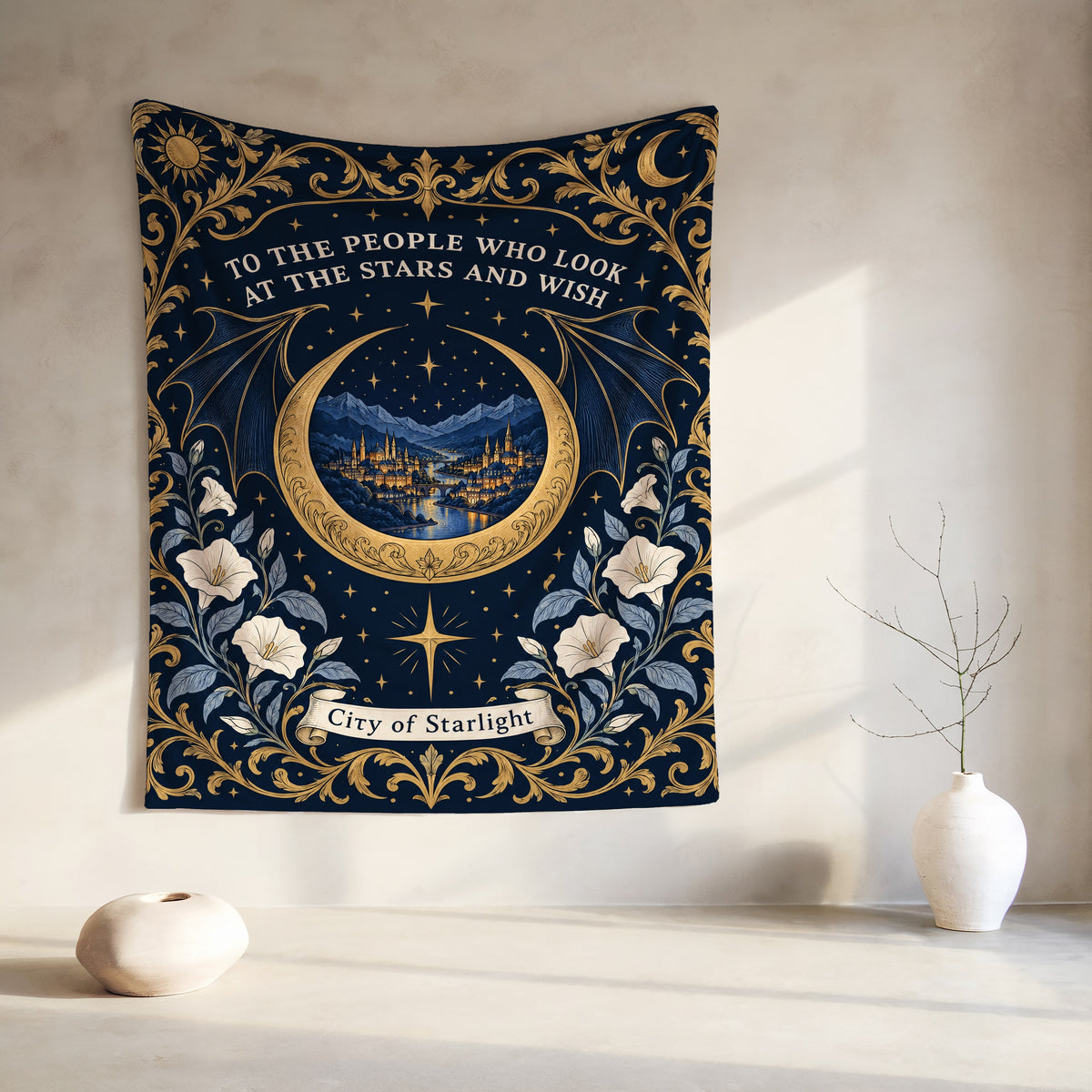 Velaris City of Starlight Crest Velveteen Plush Blanket hanging on a wall