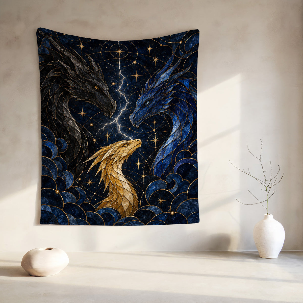 Dragon Bond Velveteen Plush Blanket hanging on a wall