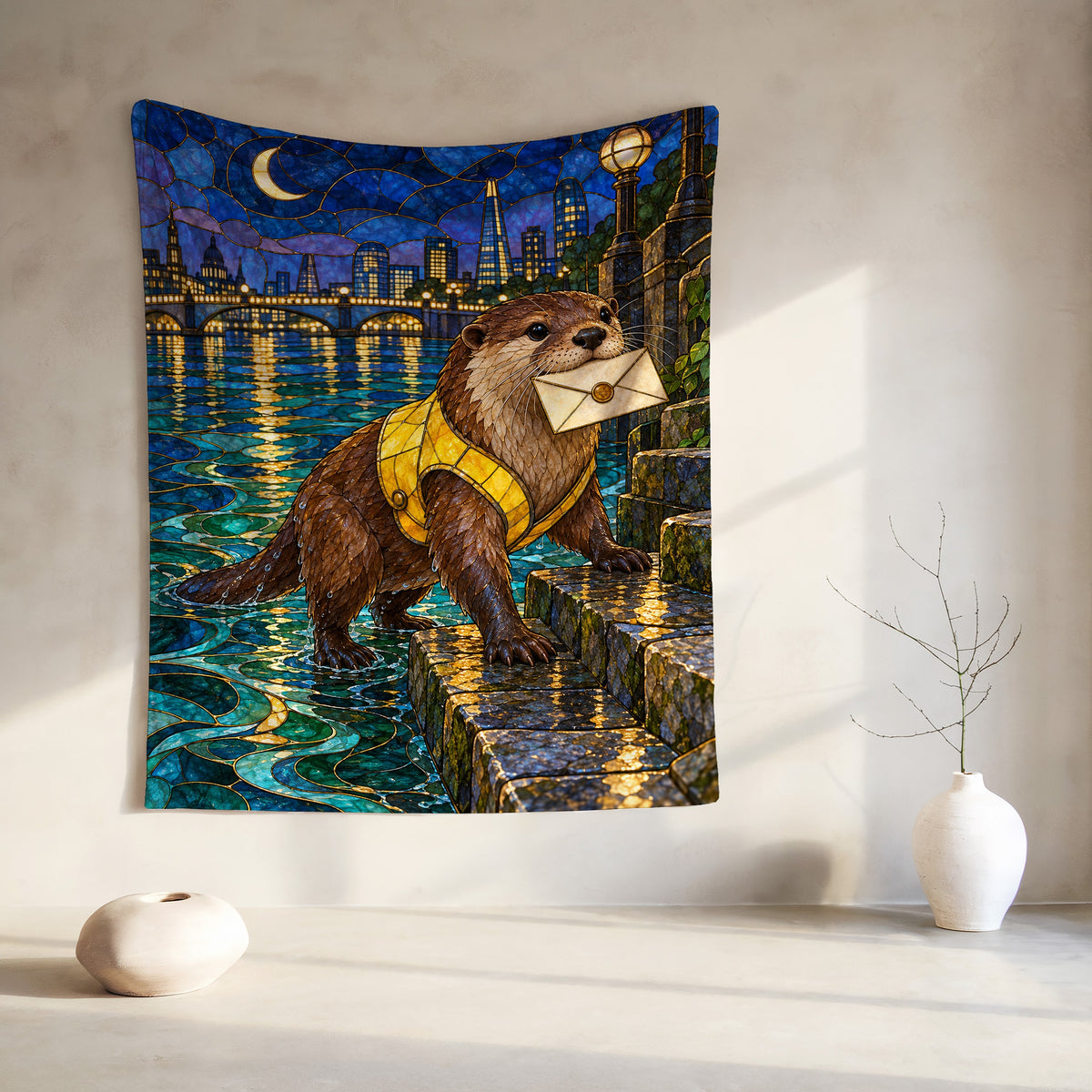 Otter Velveteen Plush Blanket hanging on a wall