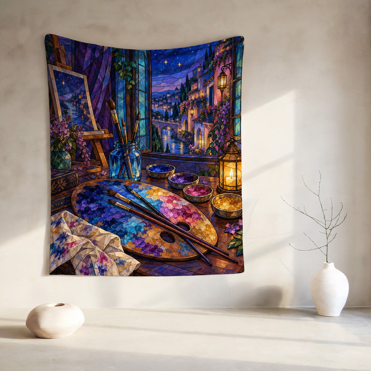 The Rainbow of Velaris Velveteen Plush Blanket hanging on a wall