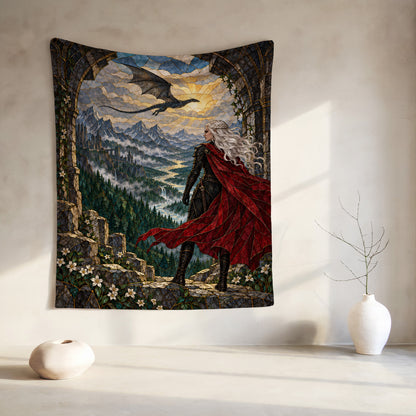 Wyvern at the Mountain Pass Velveteen Plush Blanket hanging on a wall