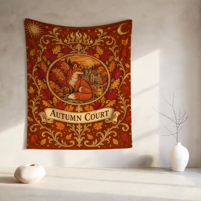 Autumn Court Fox Crest Velveteen Plush Blanket hanging on a wall