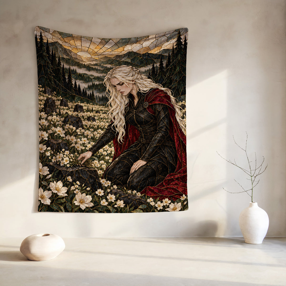 Flowers for the Fallen Velveteen Plush Blanket hanging on a wall