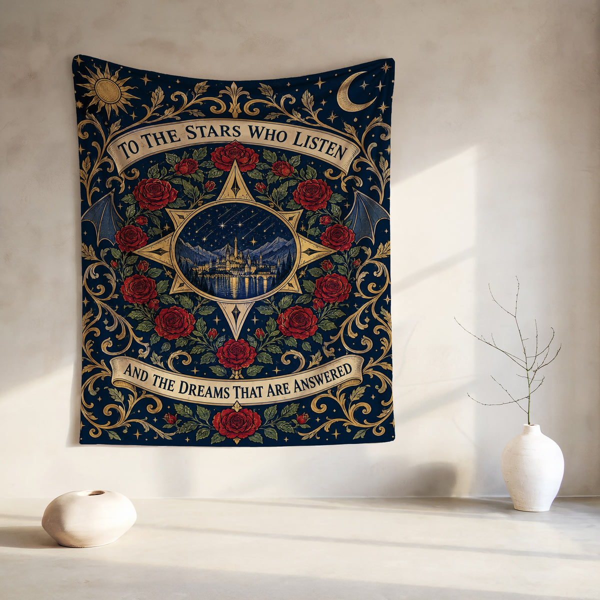 To The Stars Who Listen Rose Crest Velveteen Plush Blanket hanging on a wall