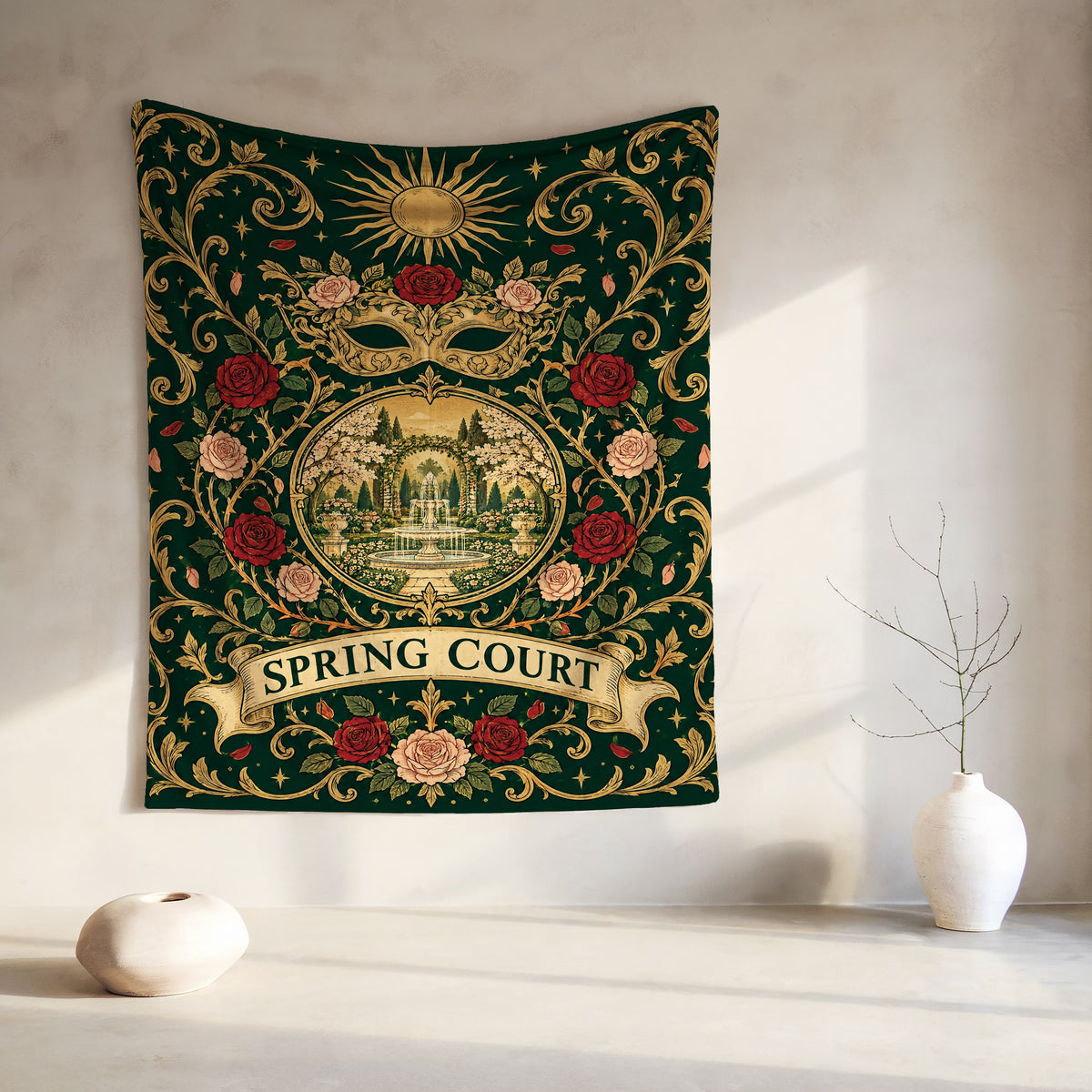 Spring Court Masquerade Crest Velveteen Plush Blanket hanging on a wall