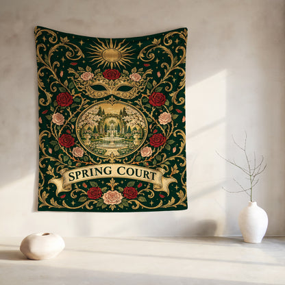 Spring Court Masquerade Crest Velveteen Plush Blanket hanging on a wall