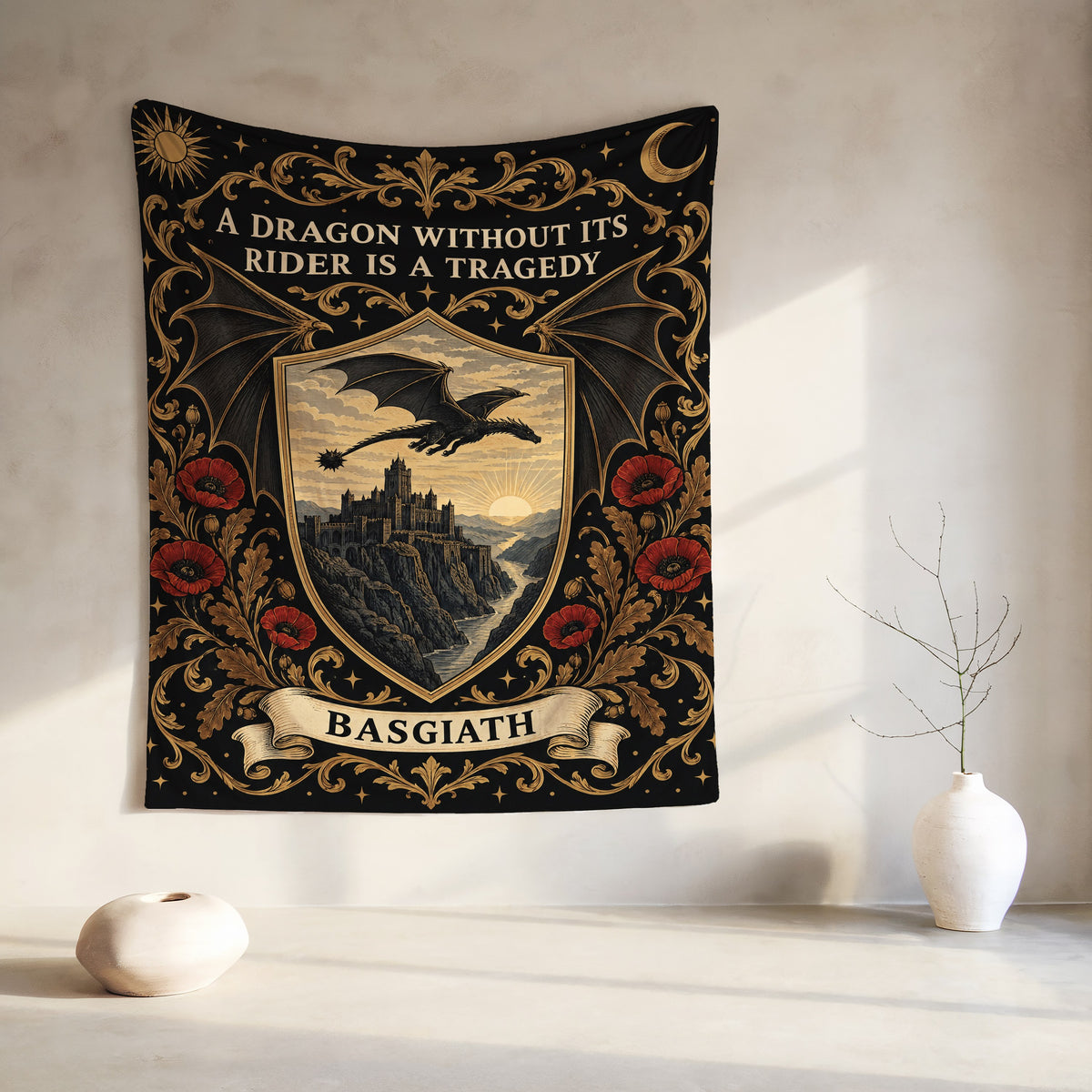 Basgiath Dragon Rider Crest Velveteen Plush Blanket hanging on a wall