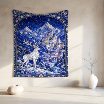 Orynth in Winter Stained Glass Velveteen Plush Blanket hanging on a wall