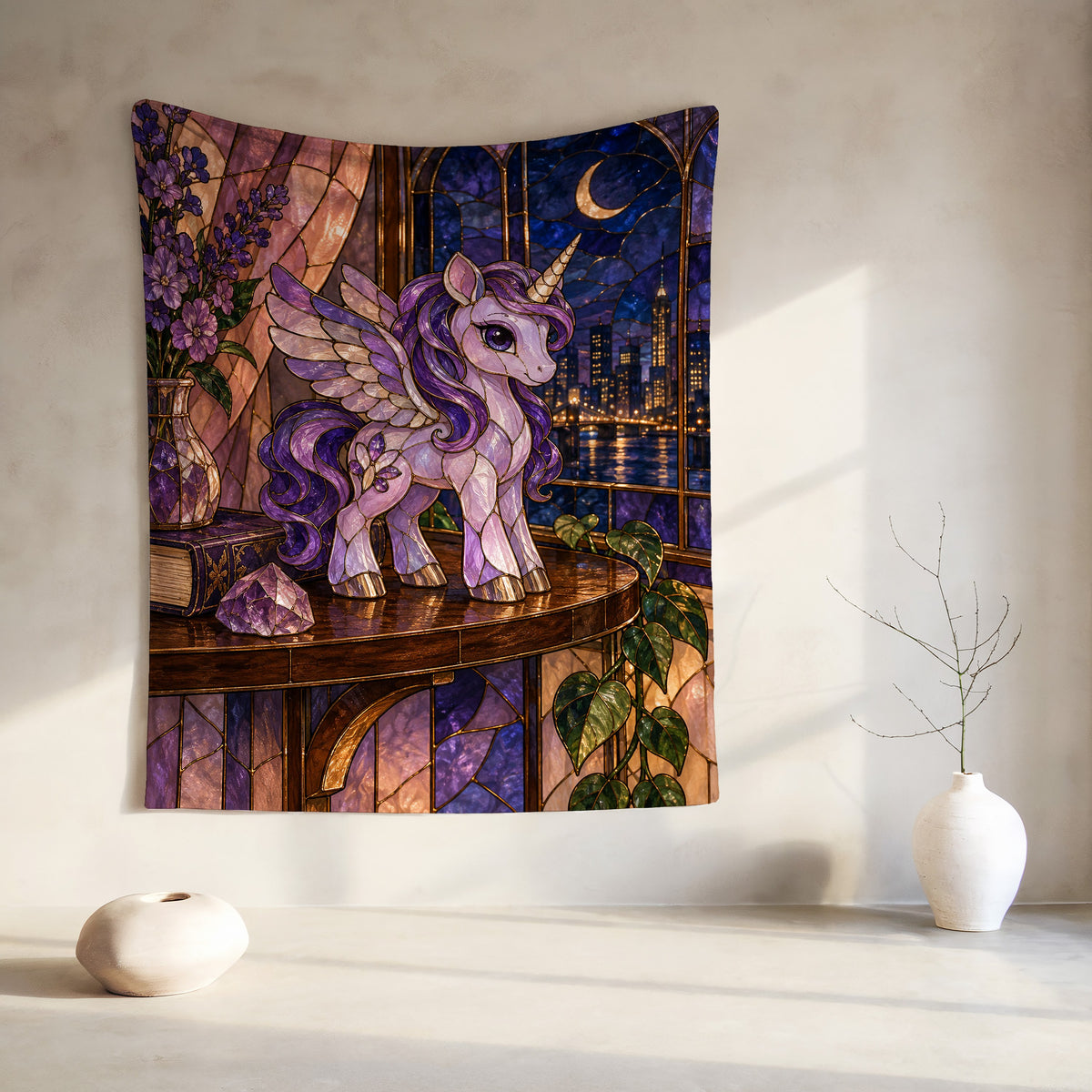 Pegasus Velveteen Plush Blanket hanging on a wall