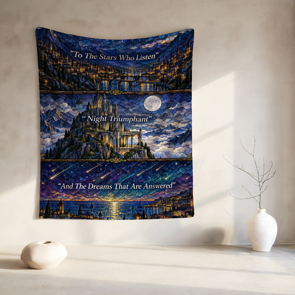 Night Court Stained Glass Velveteen Plush Blanket hanging on a wall