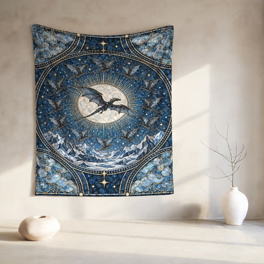 The Thirteen Stained Glass Velveteen Plush Blanket hanging on a wall