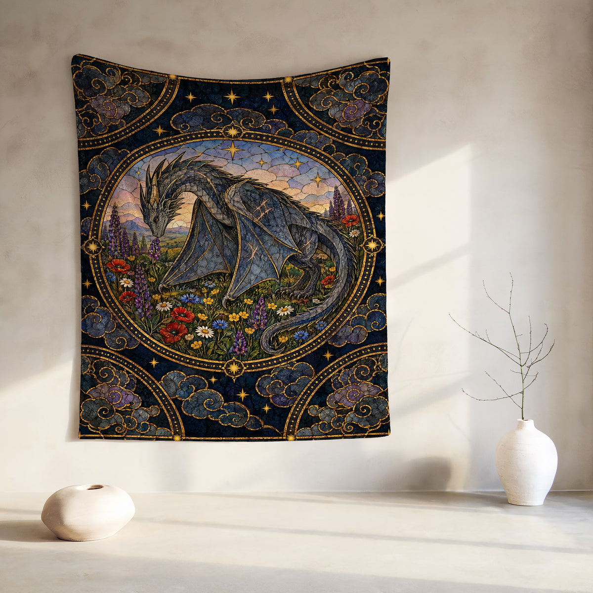 Abraxos in Bloom Stained Glass Velveteen Plush Blanket hanging on a wall