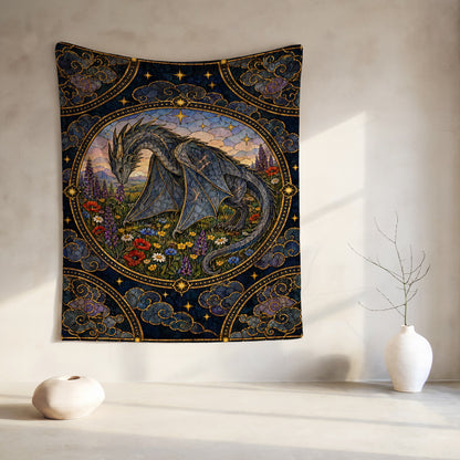 Abraxos in Bloom Stained Glass Velveteen Plush Blanket hanging on a wall
