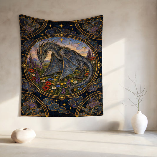 Abraxos in Bloom Stained Glass Velveteen Plush Blanket hanging on a wall