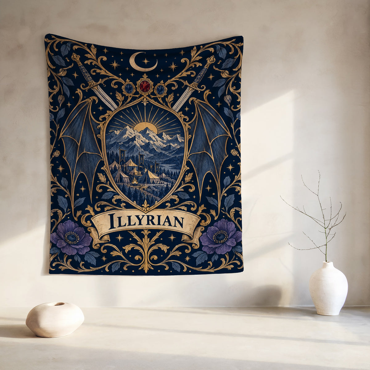 Illyrian Crest Velveteen Plush Blanket hanging on a wall