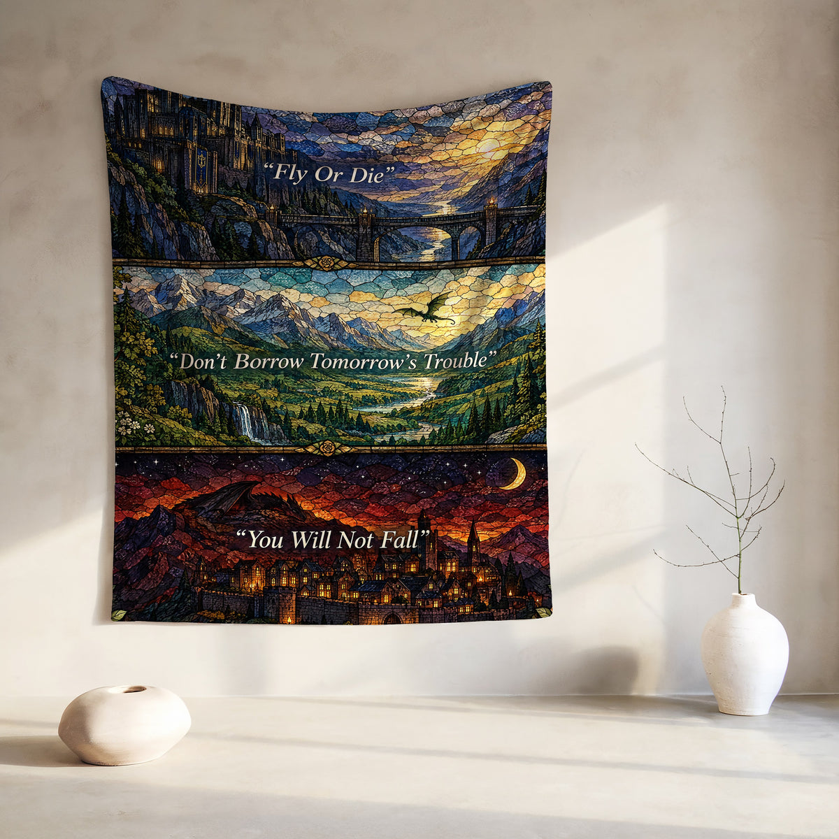Empyrean Stained Glass Velveteen Plush Blanket hanging on a wall