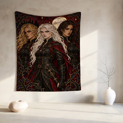 Ice, Fire, and Stone Velveteen Plush Blanket hanging on a wall