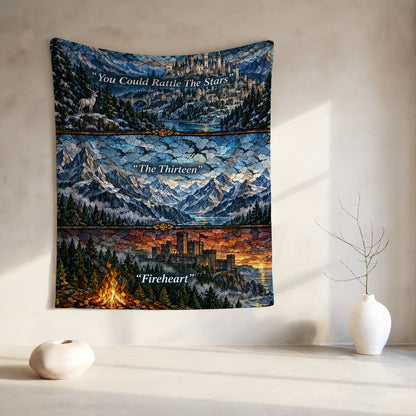 Terrasen Stained Glass Velveteen Plush Blanket hanging on a wall