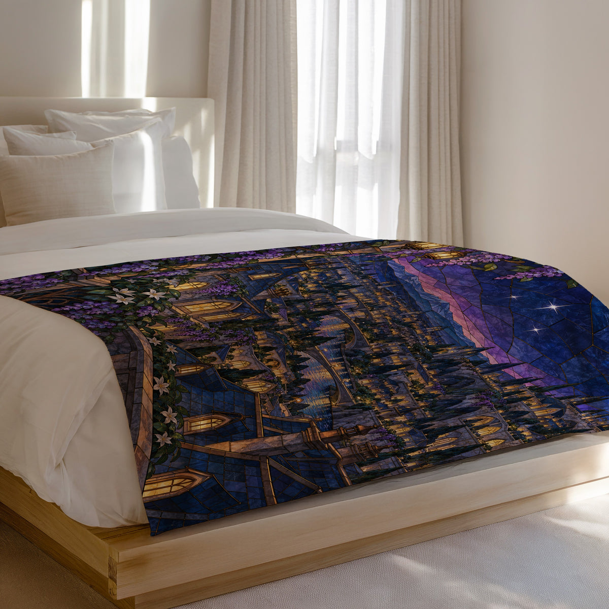Velaris Rooftop Velveteen Plush Blanket on a bed