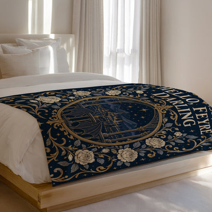 Hello Feyre Darling Crest Velveteen Plush Blanket on a bed