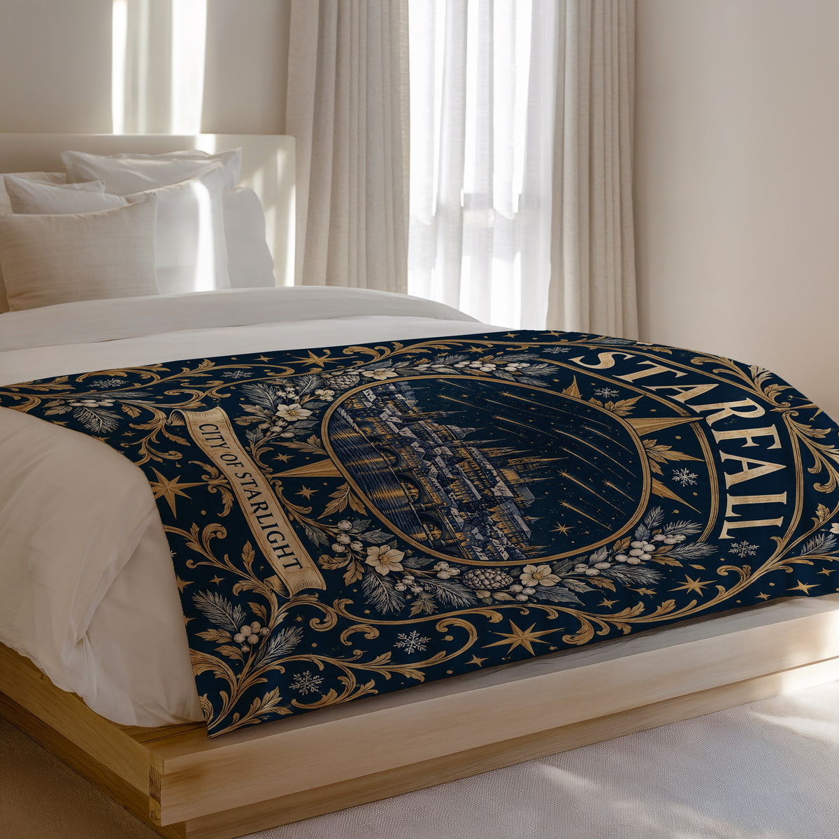 Starfall City of Starlight Crest Velveteen Plush Blanket on a bed