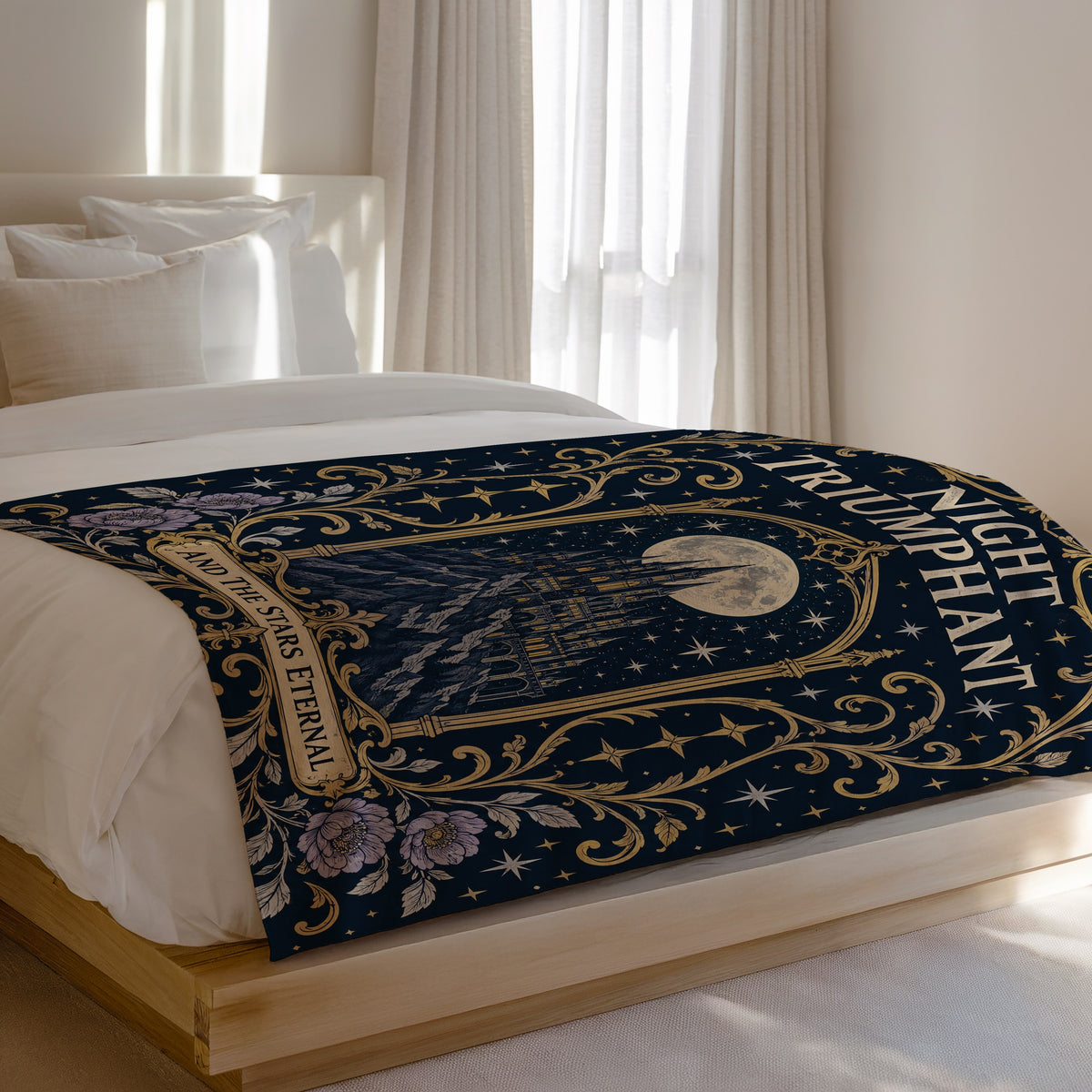 Night Triumphant Crest Velveteen Plush Blanket on a bed