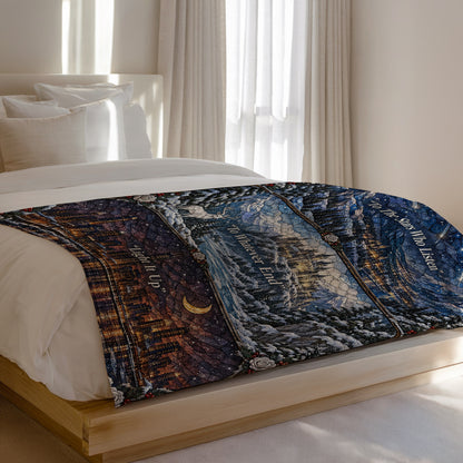 Winter Maasverse Stained Glass Velveteen Plush Blanket on a bed