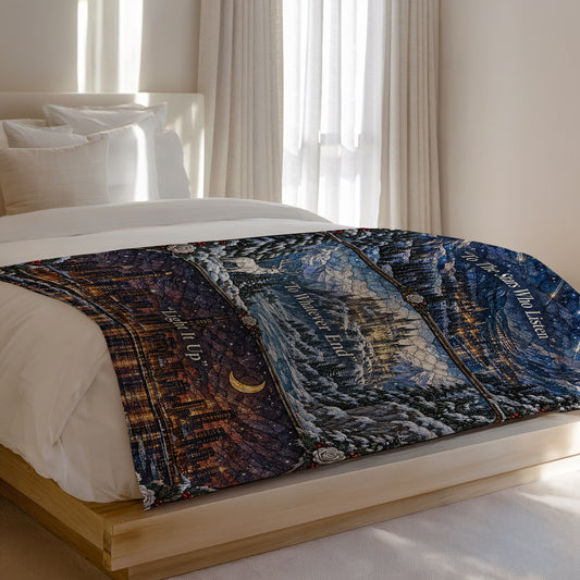 Winter Maasverse Stained Glass Velveteen Plush Blanket on a bed