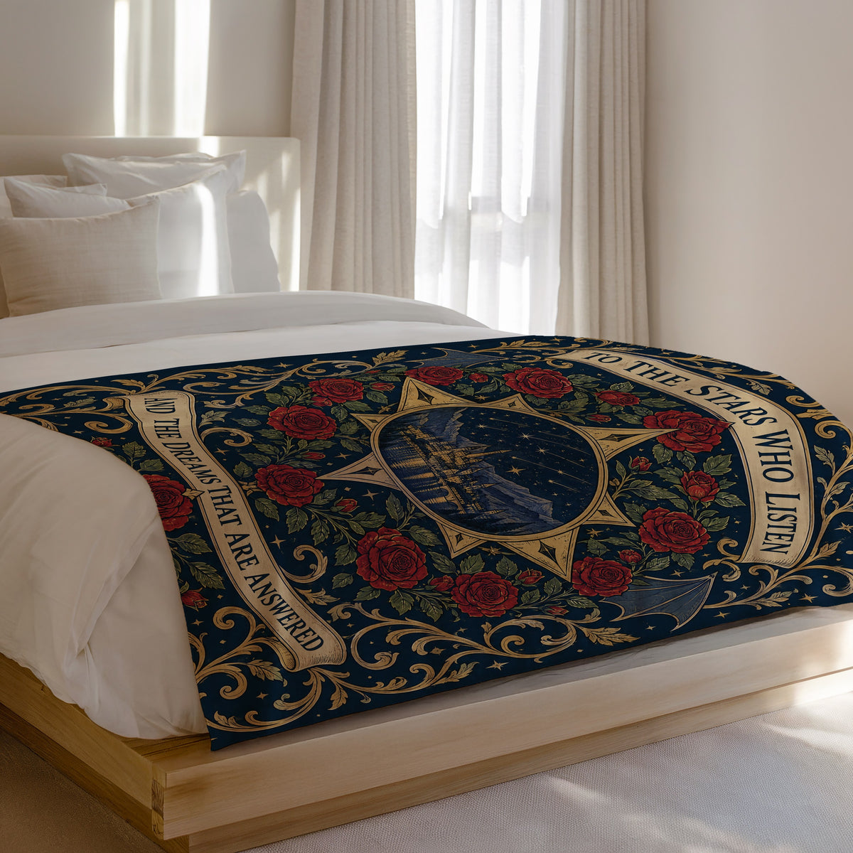 To The Stars Who Listen Rose Crest Velveteen Plush Blanket on a bed
