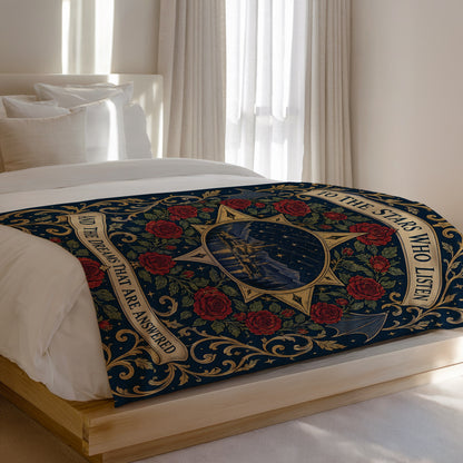 To The Stars Who Listen Rose Crest Velveteen Plush Blanket on a bed