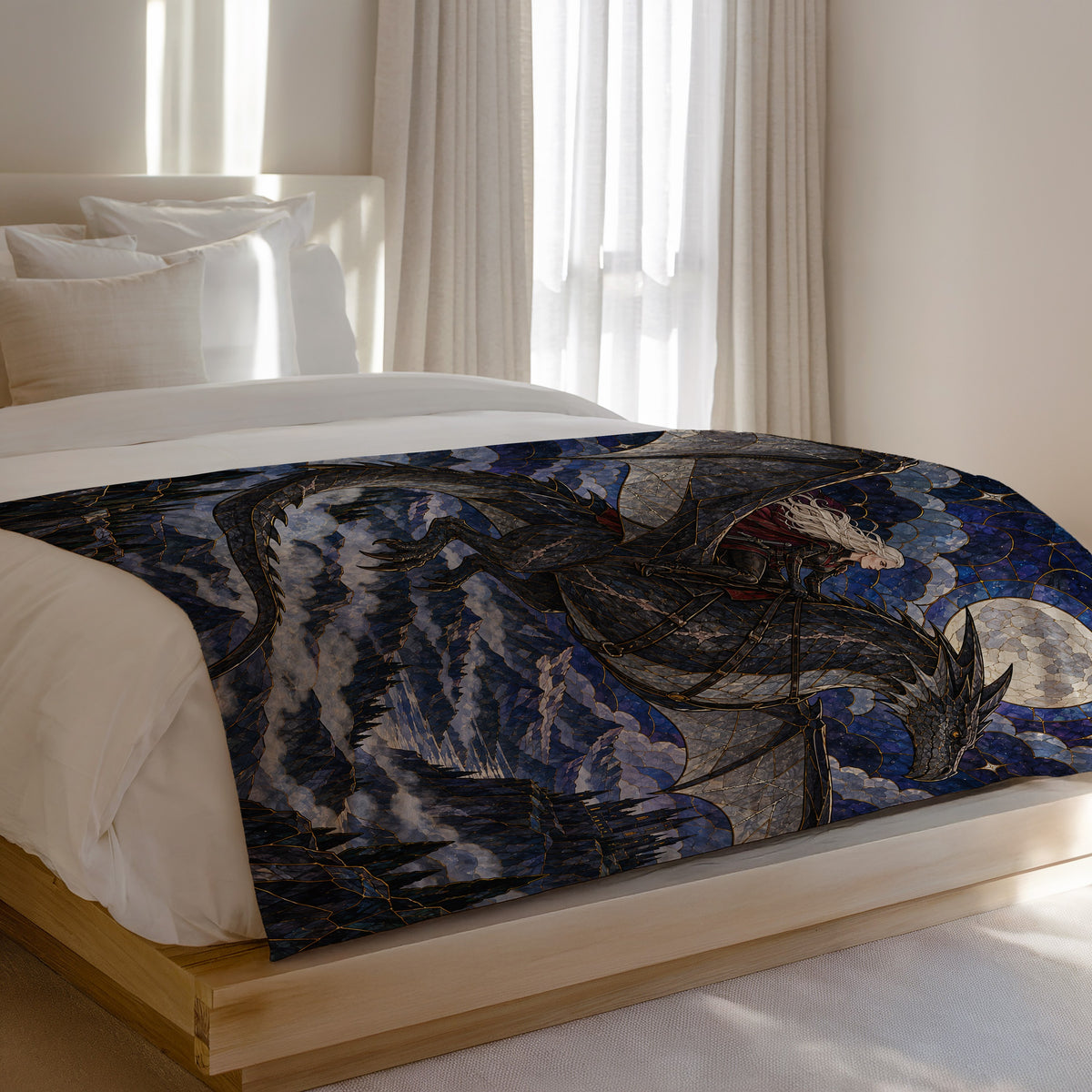 Above the Storm Velveteen Plush Blanket on a bed
