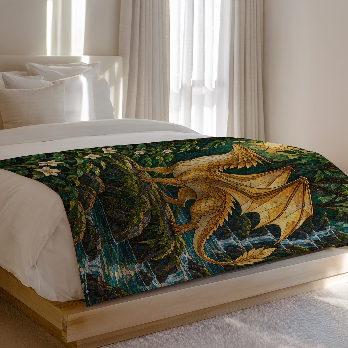 Gold Andarna Velveteen Plush Blanket on a bed