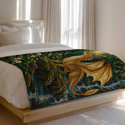 Gold Andarna Velveteen Plush Blanket on a bed