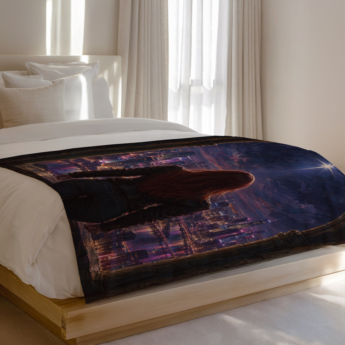 Bryce over Lunathion Velveteen Plush Blanket on a bed