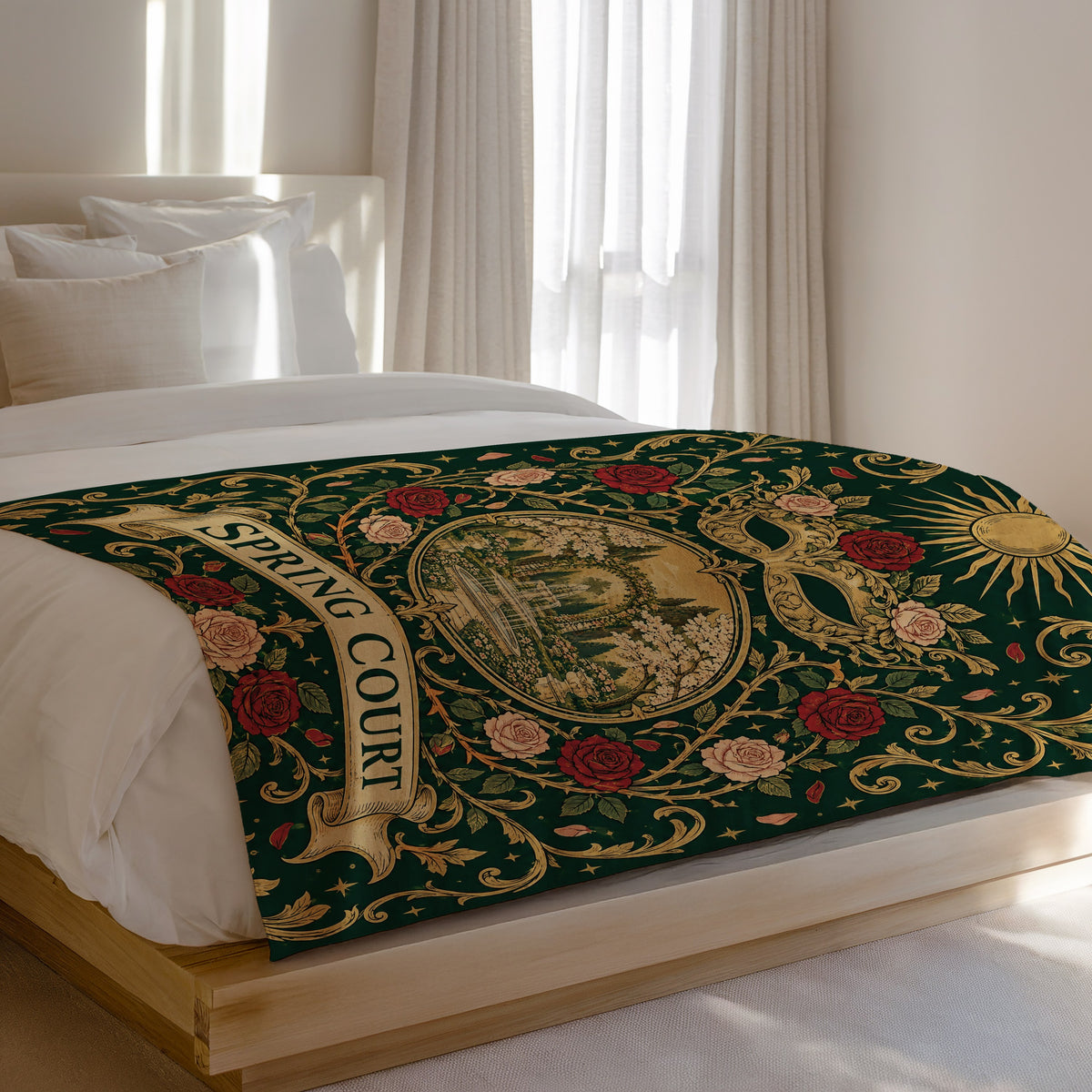 Spring Court Masquerade Crest Velveteen Plush Blanket on a bed