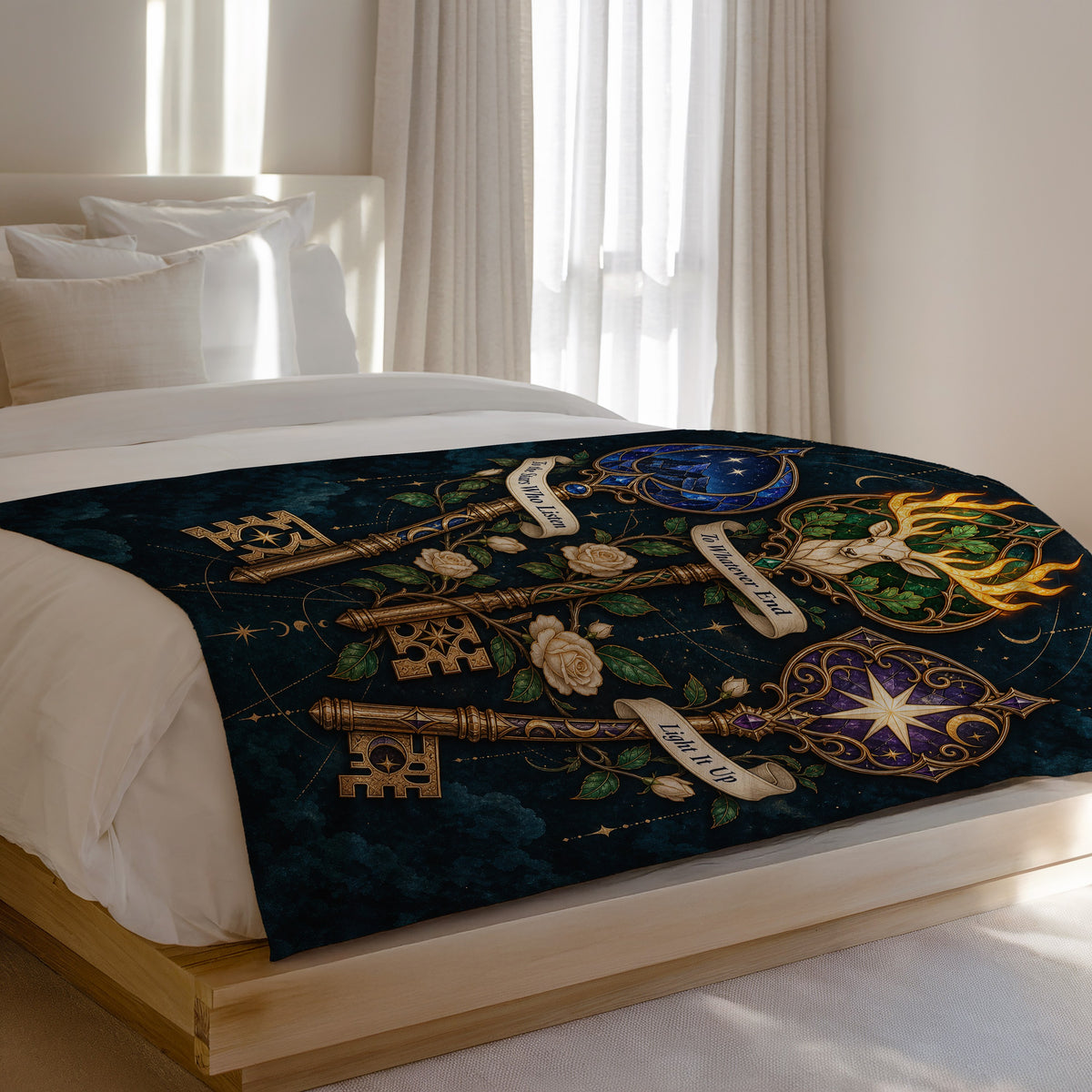 Bookish Maasverse Velveteen Plush Blanket on a bed