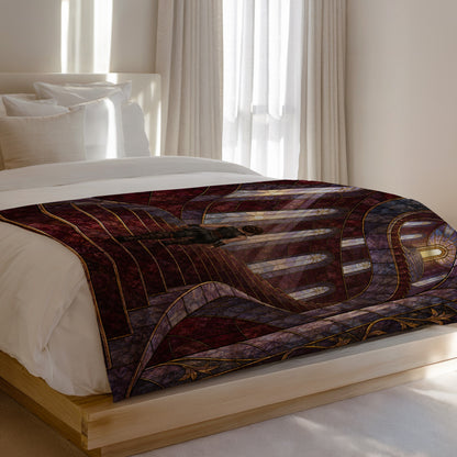 Nesta's Staircase Velveteen Plush Blanket on a bed