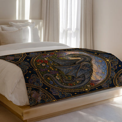 Abraxos in Bloom Stained Glass Velveteen Plush Blanket on a bed