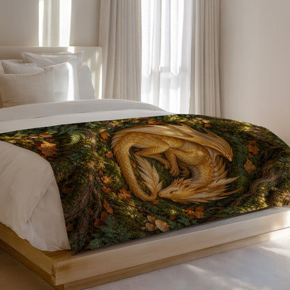 Golden Dragon Velveteen Plush Blanket on a bed