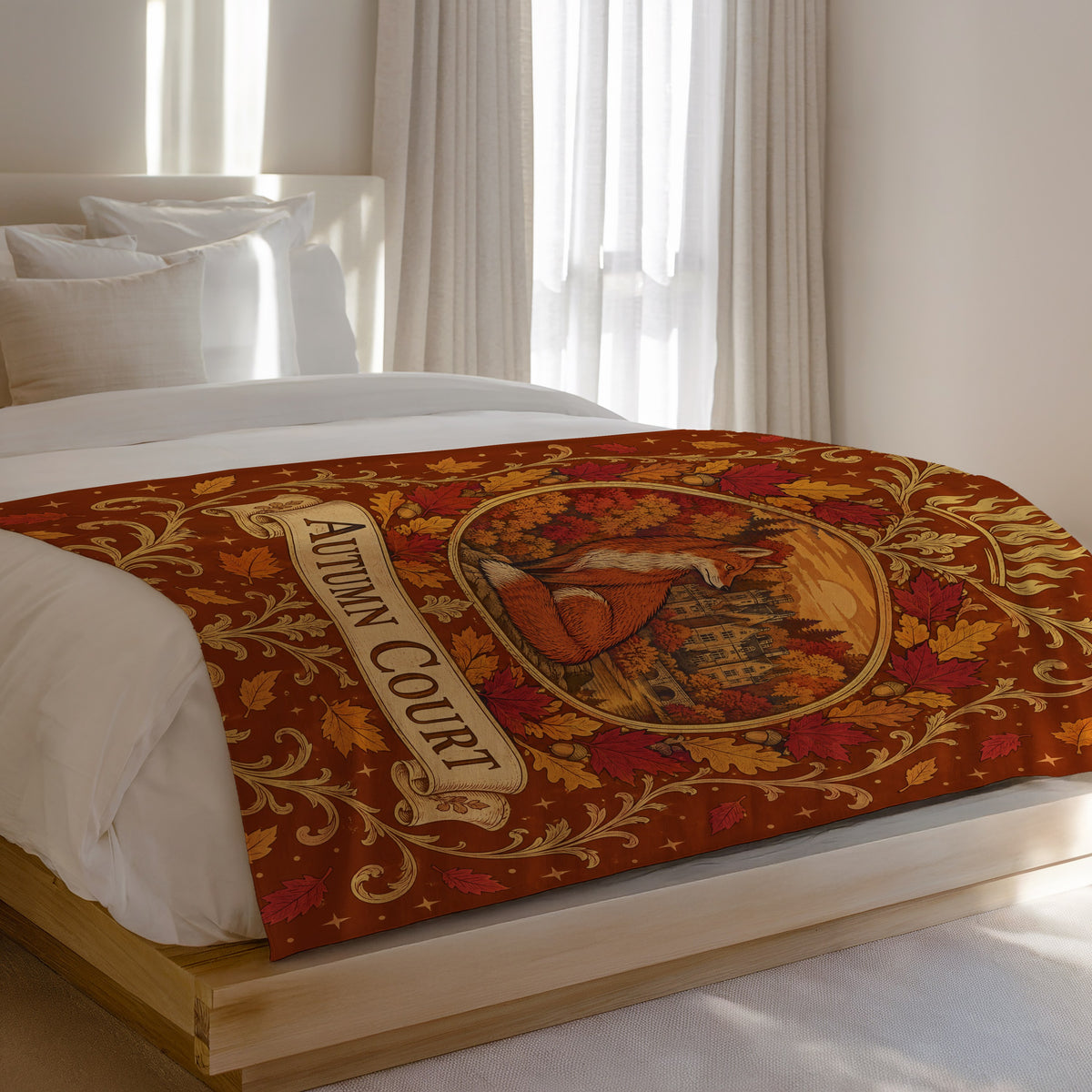 Autumn Court Fox Crest Velveteen Plush Blanket on a bed