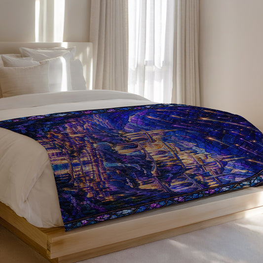 Starfall over Velaris Stained Glass Velveteen Plush Blanket on a bed